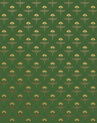 Zinnia (Juniper) Wallpaper mixes a geometric layout with the soft details of the zinnia flower. Yellow, gold, and red illustration on a green ground.