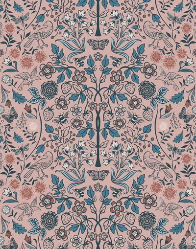 Nora (Rose) wallpaper features a garden of bees, birds, strawberries, and flowers in blue, pink, and white on a dusty pink background.