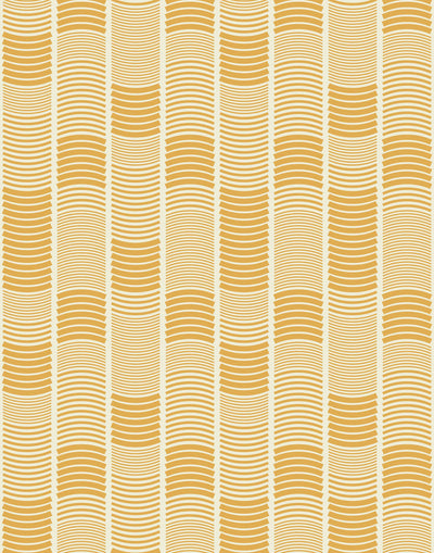 Wallpaper with undulating mustard yellow lines that form rhythmic columns on a white background | Schoolhouse + Hygge & West