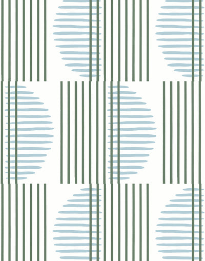 Wallpaper with irregular line work that weaves green rectangles and blue semicircles on a white background | Schoolhouse + Hygge & West