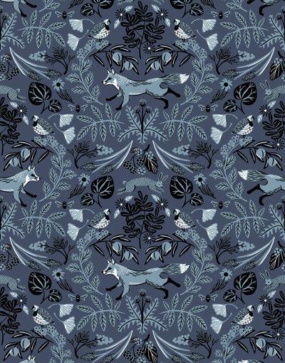 Piedmont (Indigo) wallpaper with dusty blue foxes and rabbits