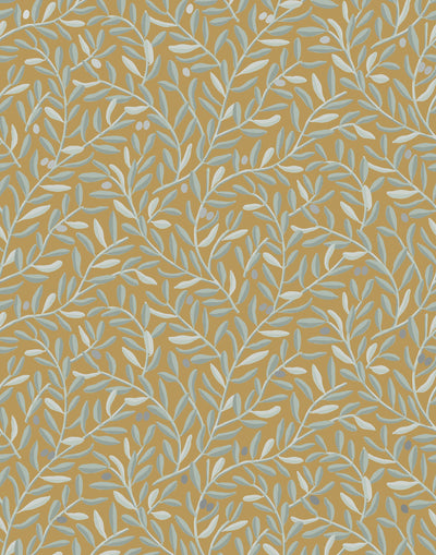 Olive Grove (Ochre) featuring a leafy vine motif in shades light green with metallic silver accents on a mustard yellow background | Schoolhouse x Hygge & West Wallpaper Collection